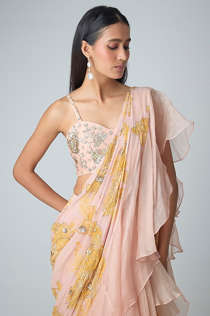 Pink & Yellow Georgette Hand Embroidered Pre-Draped Wedding Saree Set by Paulmi & Harsh at Pernia's Pop Up Shop