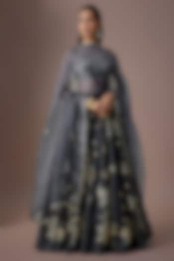 Blue Silk Printed Wedding Lehenga Set by Paulmi & Harsh at Pernia's Pop Up Shop