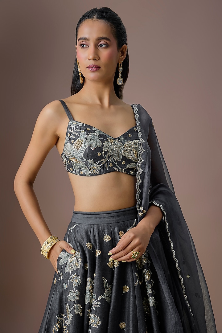 Blue Silk Printed Wedding Lehenga Set by Paulmi & Harsh at Pernia's Pop Up Shop