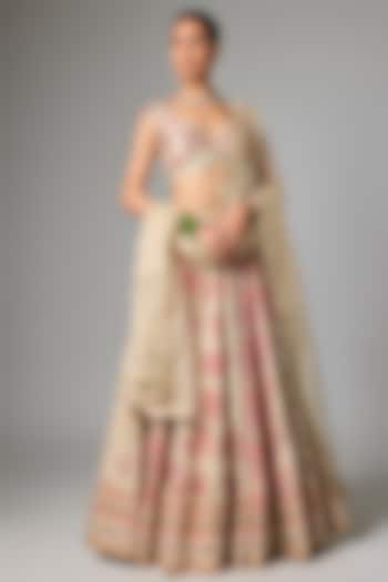 Ivory Multi-Tone Organza Floral Printed & Embroidered Bridal Lehenga Set by Paulmi & Harsh at Pernia's Pop Up Shop