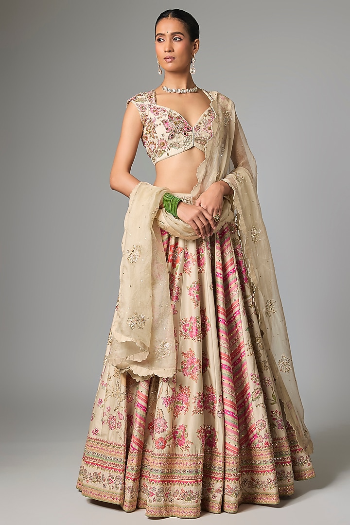 Ivory Multi-Tone Organza Floral Printed & Embroidered Bridal Lehenga Set by Paulmi & Harsh at Pernia's Pop Up Shop