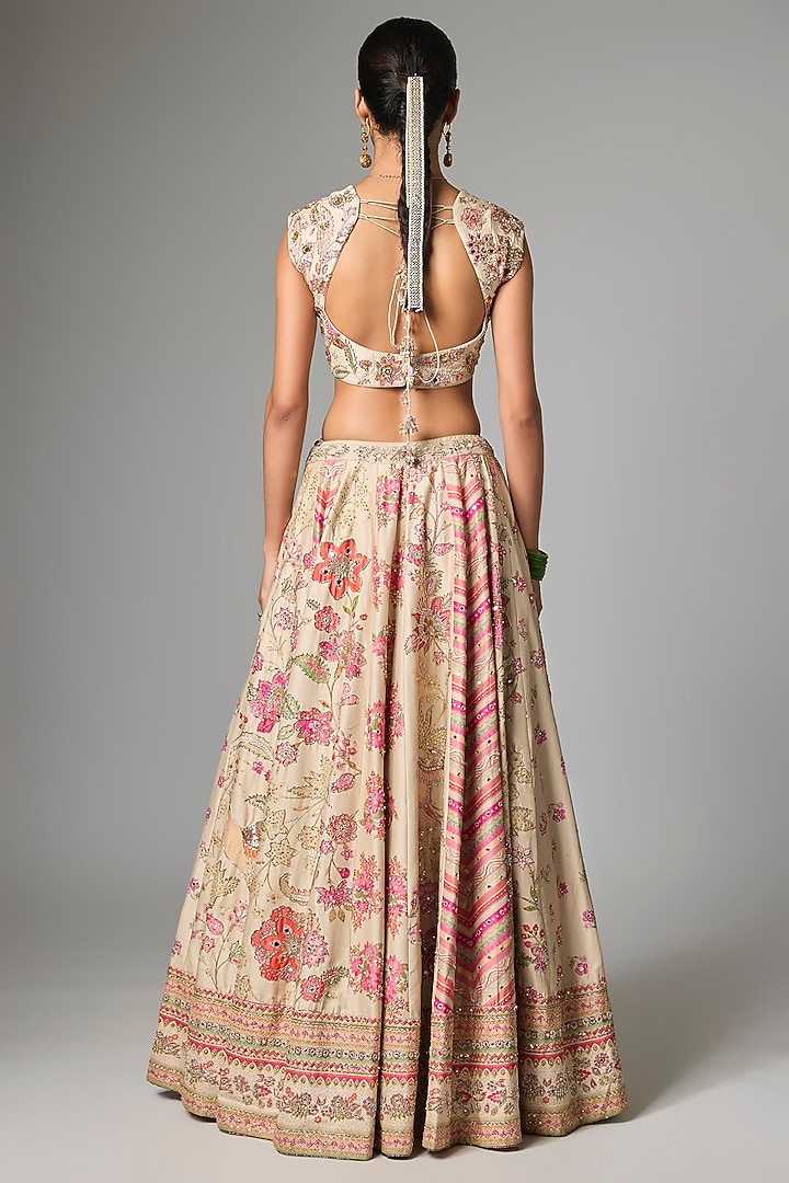 Ivory Multi-Tone Organza Floral Printed & Embroidered Bridal Lehenga Set by Paulmi & Harsh at Pernia's Pop Up Shop