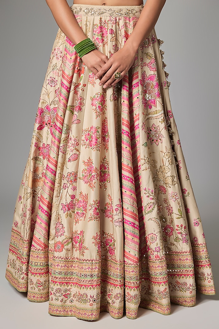 Ivory Multi-Tone Organza Floral Printed & Embroidered Bridal Lehenga Set by Paulmi & Harsh at Pernia's Pop Up Shop