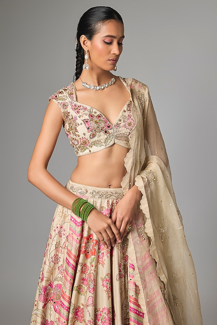 Ivory Multi-Tone Organza Floral Printed & Embroidered Bridal Lehenga Set by Paulmi & Harsh at Pernia's Pop Up Shop