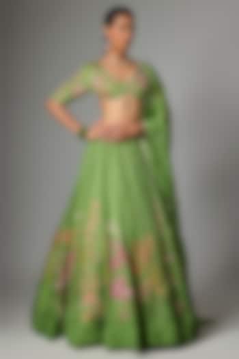 Green Organza Floral Printed Wedding Lehenga Set by Paulmi & Harsh at Pernia's Pop Up Shop
