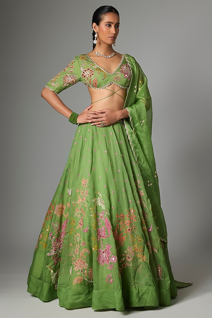 Green Organza Floral Printed Wedding Lehenga Set by Paulmi & Harsh at Pernia's Pop Up Shop