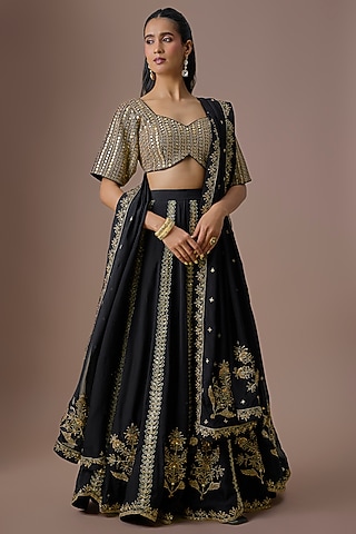 Black Organza Hand Embroidered Lehenga Set by Paulmi & Harsh