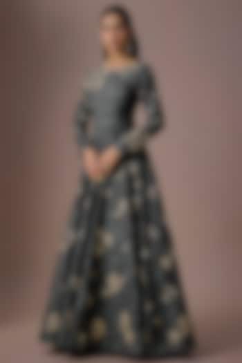 Navy Blue Georgette Printed & Embroidered Bridal Anarkali by Paulmi & Harsh at Pernia's Pop Up Shop
