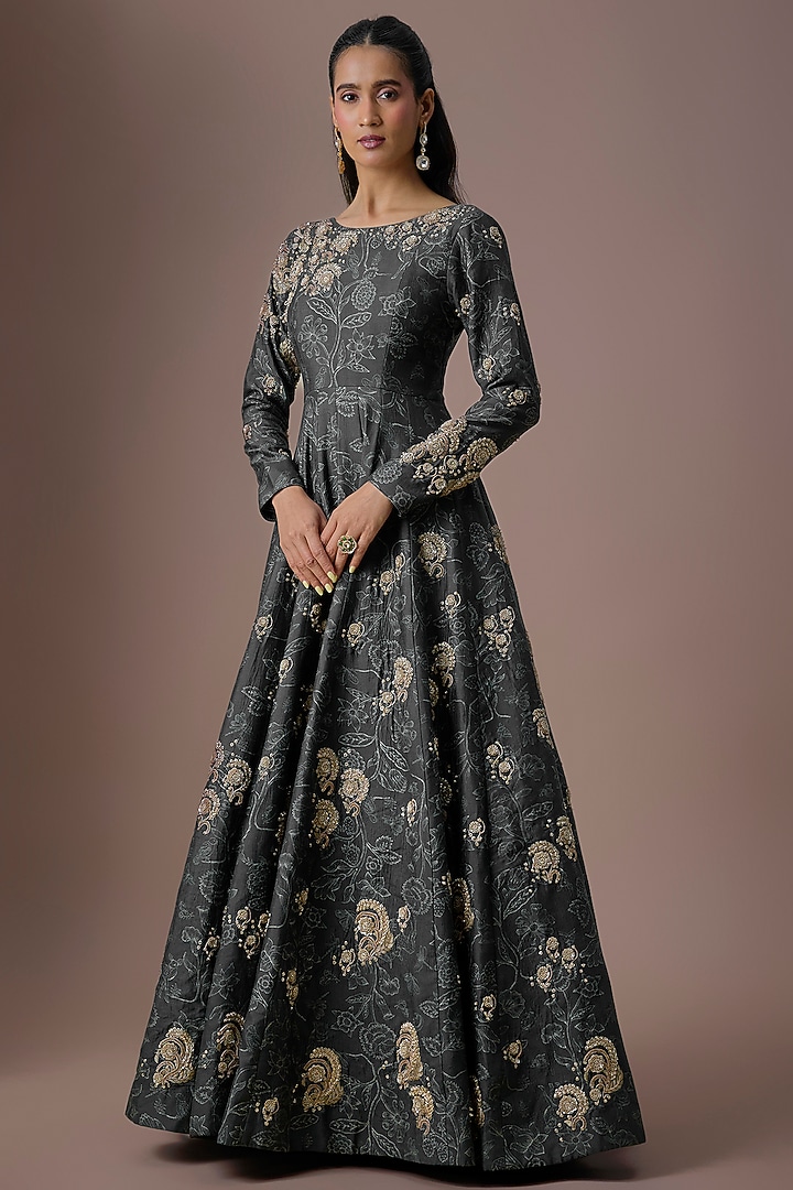 Navy Blue Georgette Printed & Embroidered Bridal Anarkali by Paulmi & Harsh at Pernia's Pop Up Shop