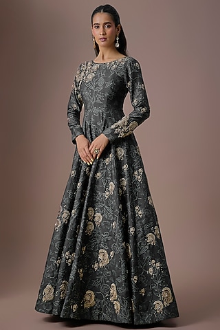 Navy Blue Georgette Printed & Embroidered Anarkali by Paulmi & Harsh