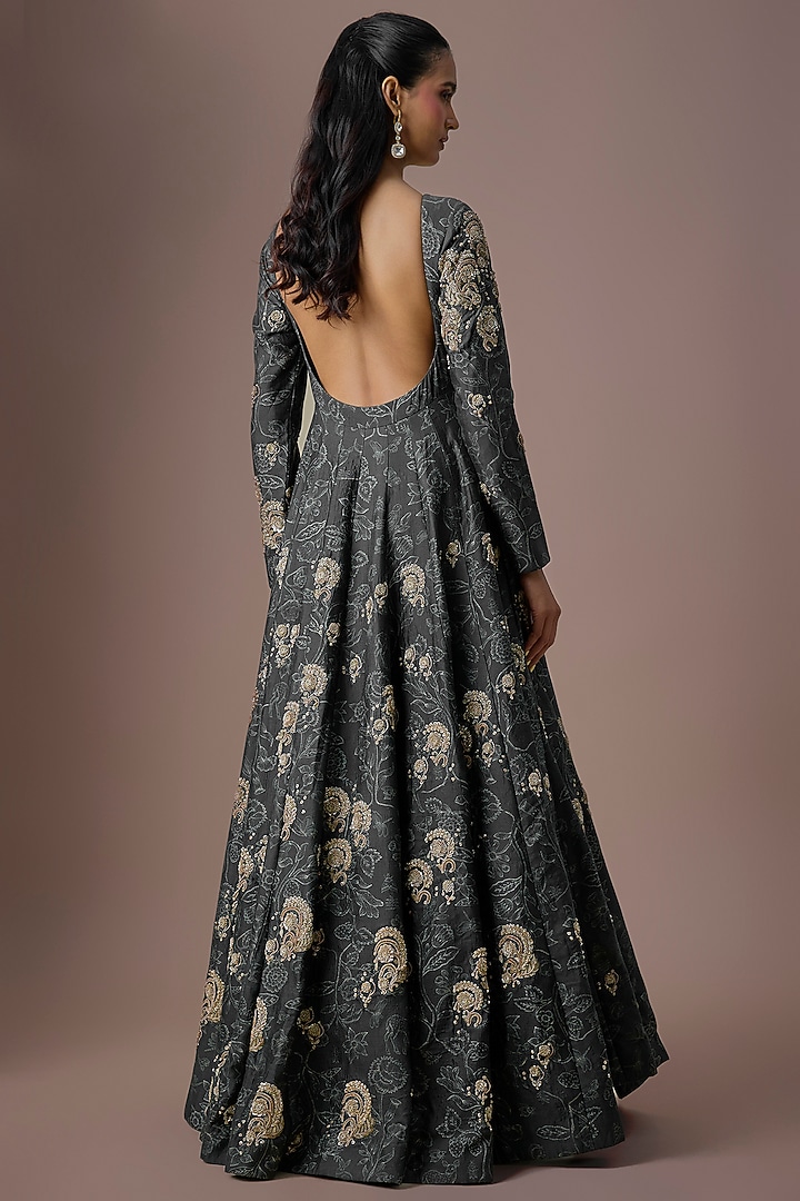 Navy Blue Georgette Printed & Embroidered Bridal Anarkali by Paulmi & Harsh at Pernia's Pop Up Shop