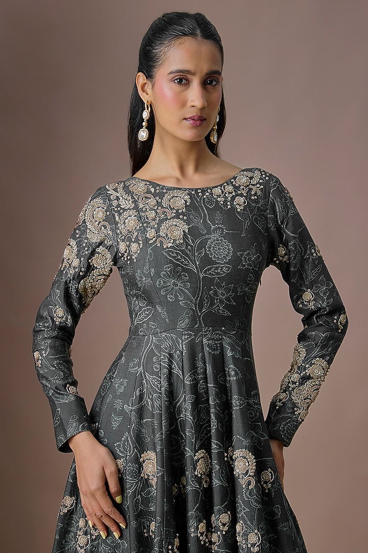 Navy Blue Georgette Printed & Embroidered Bridal Anarkali by Paulmi & Harsh at Pernia's Pop Up Shop