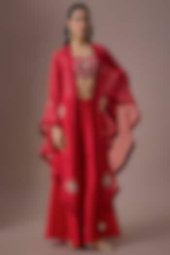 Red Organza & Crepe Embroidered Cape Set by Paulmi & Harsh at Pernia's Pop Up Shop