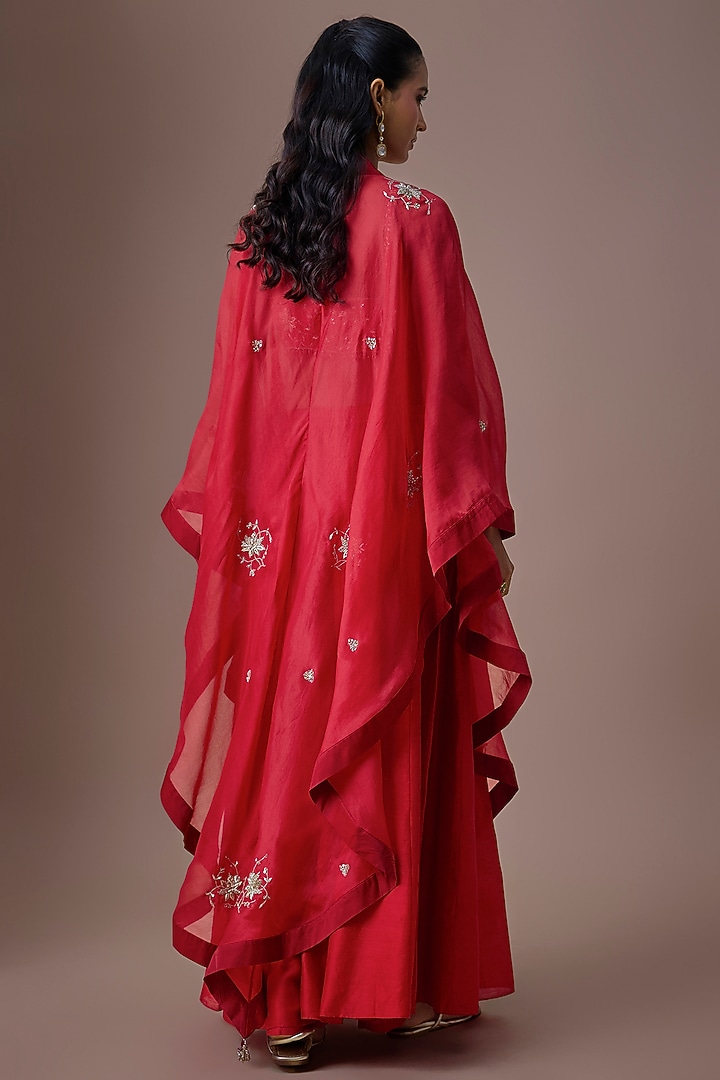 Red Organza & Crepe Embroidered Cape Set by Paulmi & Harsh at Pernia's Pop Up Shop