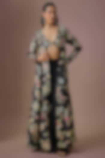 Black Organza Printed & Embroidered Jacket Set by Paulmi & Harsh at Pernia's Pop Up Shop