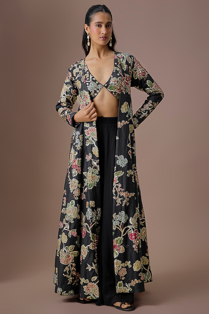 Black Organza Printed & Embroidered Jacket Set by Paulmi & Harsh at Pernia's Pop Up Shop