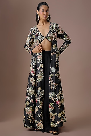 Black Organza Printed & Embroidered Jacket Set by Paulmi & Harsh