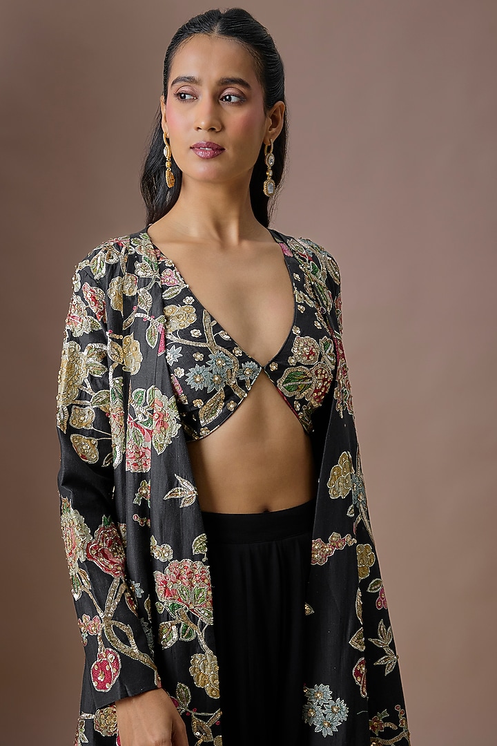 Black Organza Printed & Embroidered Jacket Set by Paulmi & Harsh at Pernia's Pop Up Shop