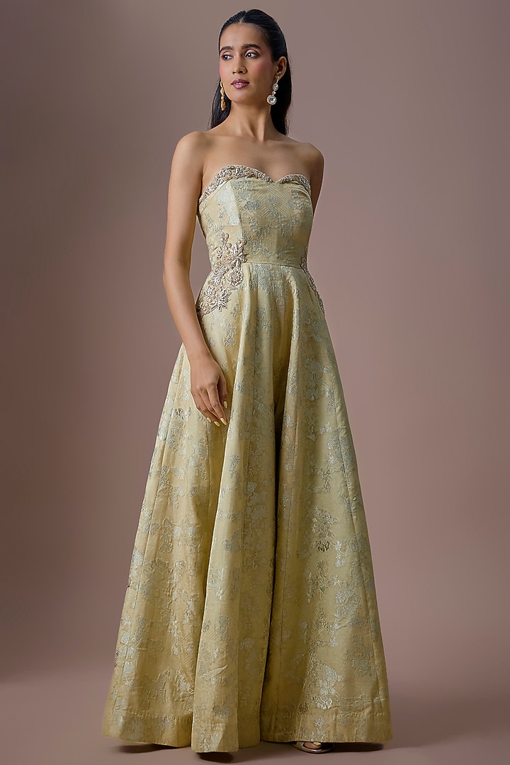 Sea Green Jacquard Jumpsuit by Paulmi & Harsh at Pernia's Pop Up Shop
