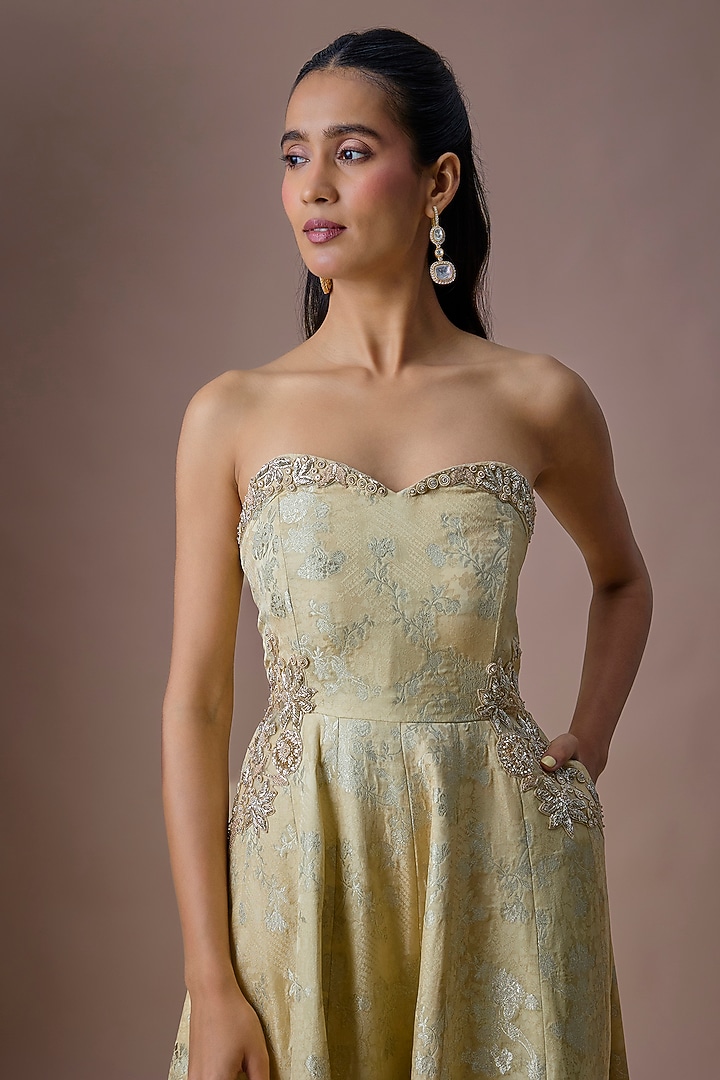 Sea Green Jacquard Jumpsuit by Paulmi & Harsh at Pernia's Pop Up Shop
