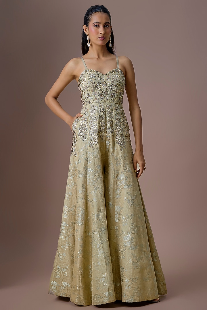Sea Green Jacquard Jumpsuit by Paulmi & Harsh at Pernia's Pop Up Shop