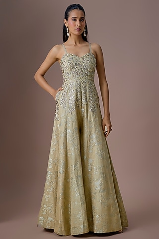 Sea Green Jacquard Jumpsuit by Paulmi & Harsh