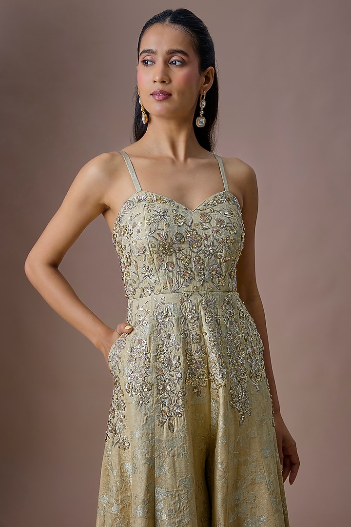 Sea Green Jacquard Jumpsuit by Paulmi & Harsh at Pernia's Pop Up Shop