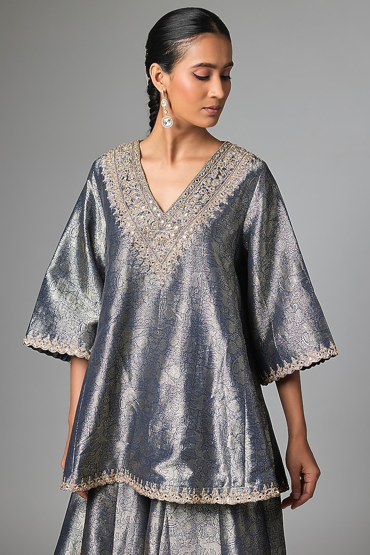 Navy Blue Jamawar Silk Embroidered Kurta Set by Paulmi & Harsh at Pernia's Pop Up Shop