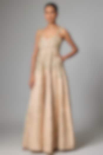 Peach Jacquard Hand Embroidered Jumpsuit by Paulmi & Harsh at Pernia's Pop Up Shop