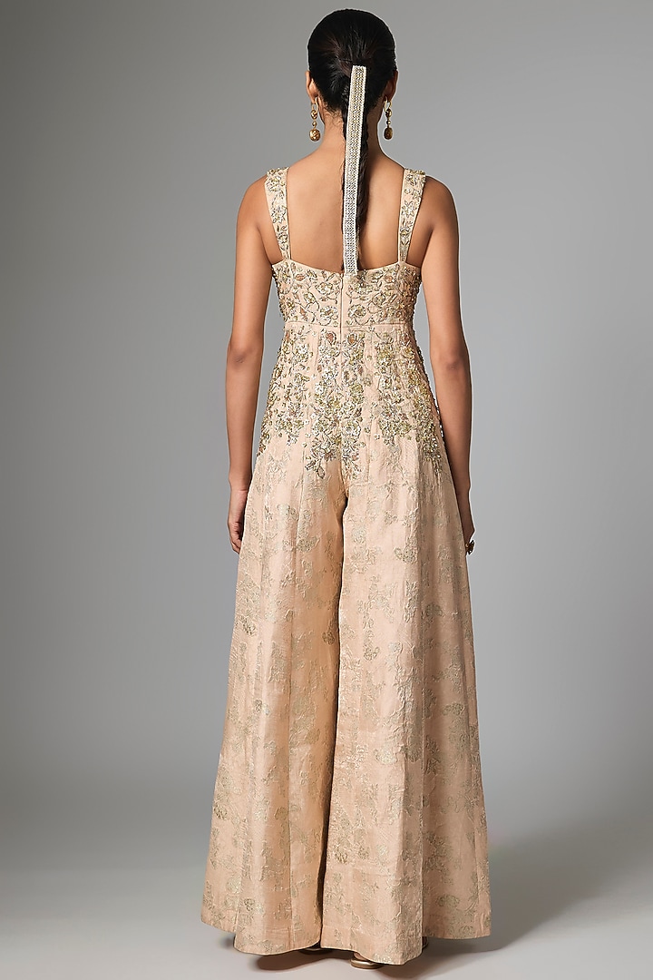 Peach Jacquard Hand Embroidered Jumpsuit by Paulmi & Harsh at Pernia's Pop Up Shop