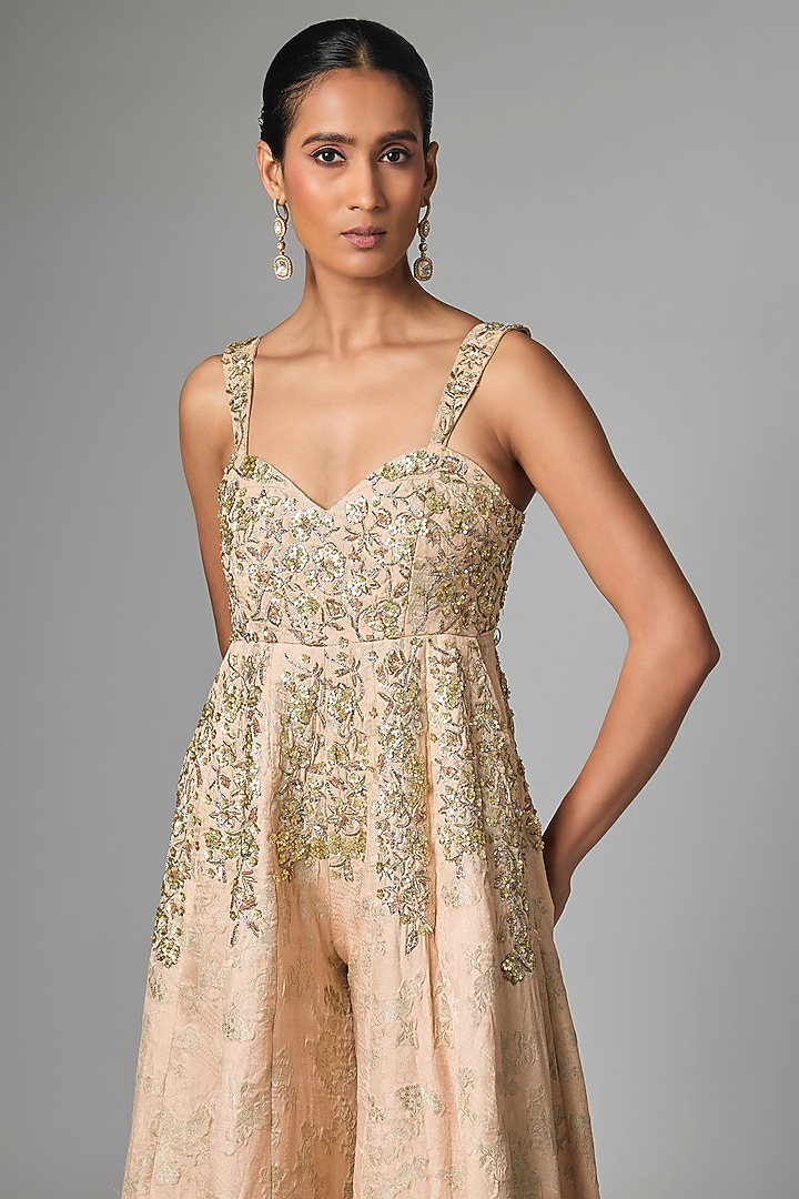 Peach Jacquard Hand Embroidered Jumpsuit by Paulmi & Harsh at Pernia's Pop Up Shop