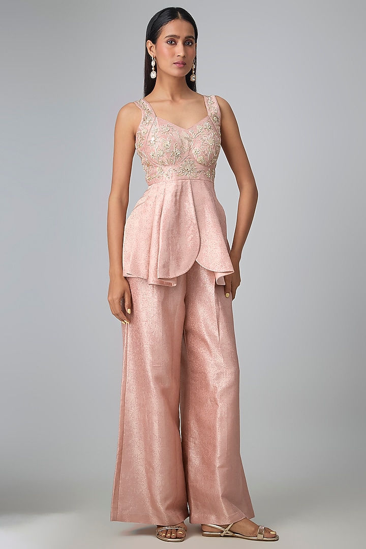 Pastel Pink Jamawar Silk Palazzo Set by Paulmi & Harsh at Pernia's Pop Up Shop