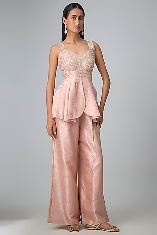 Pastel Pink Jamawar Silk Palazzo Set by Paulmi & Harsh