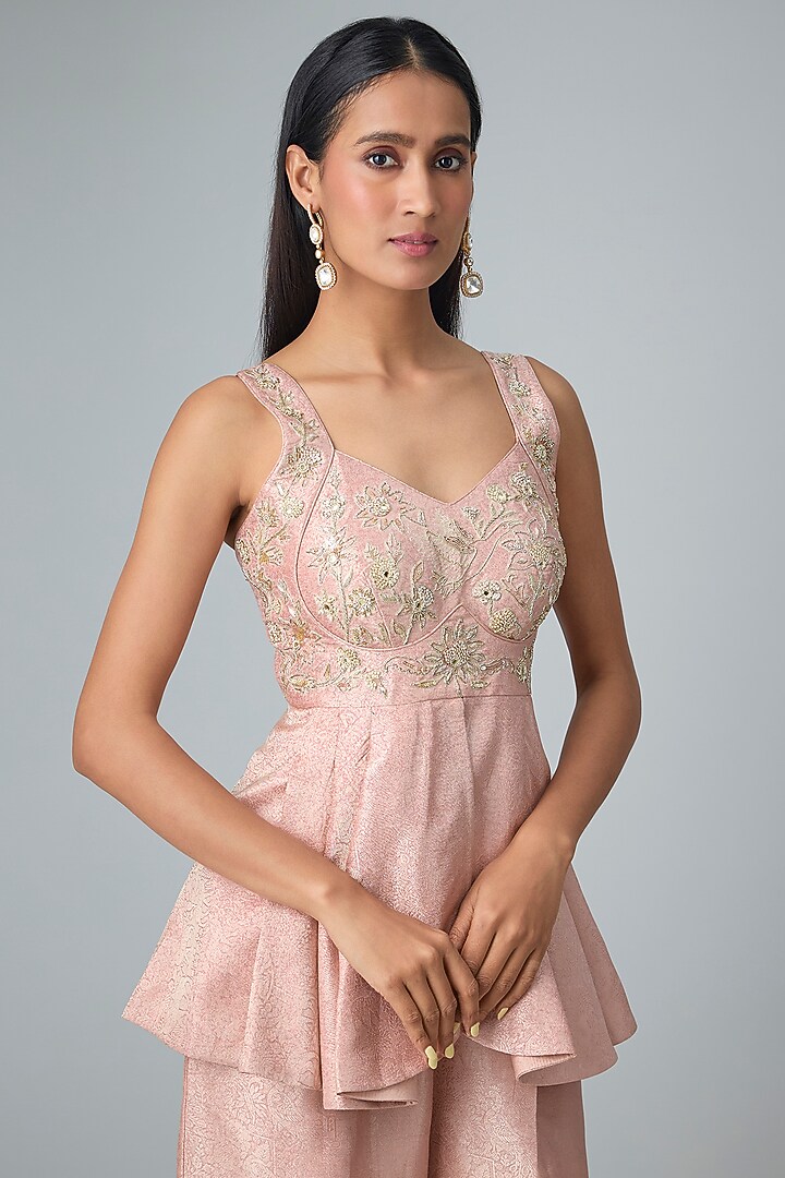 Pastel Pink Jamawar Silk Palazzo Set by Paulmi & Harsh at Pernia's Pop Up Shop