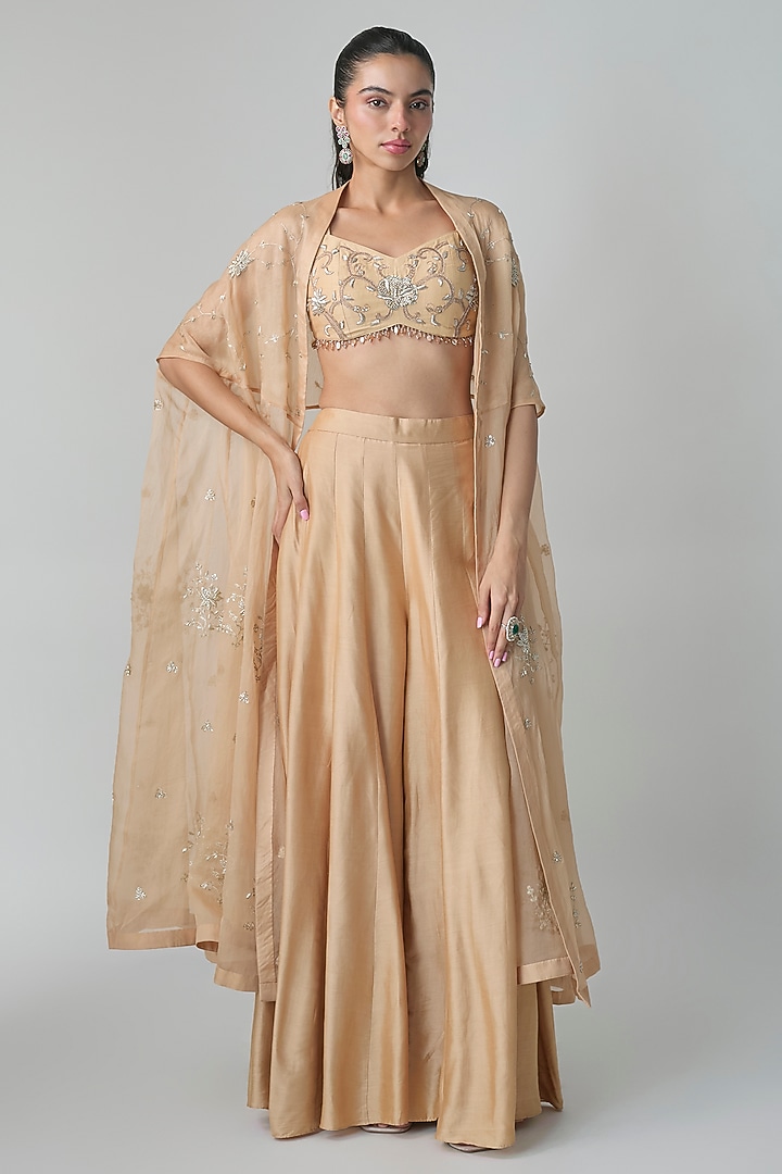 Peach Pure Organza Hand Embroidered Cape Set by Paulmi & Harsh at Pernia's Pop Up Shop