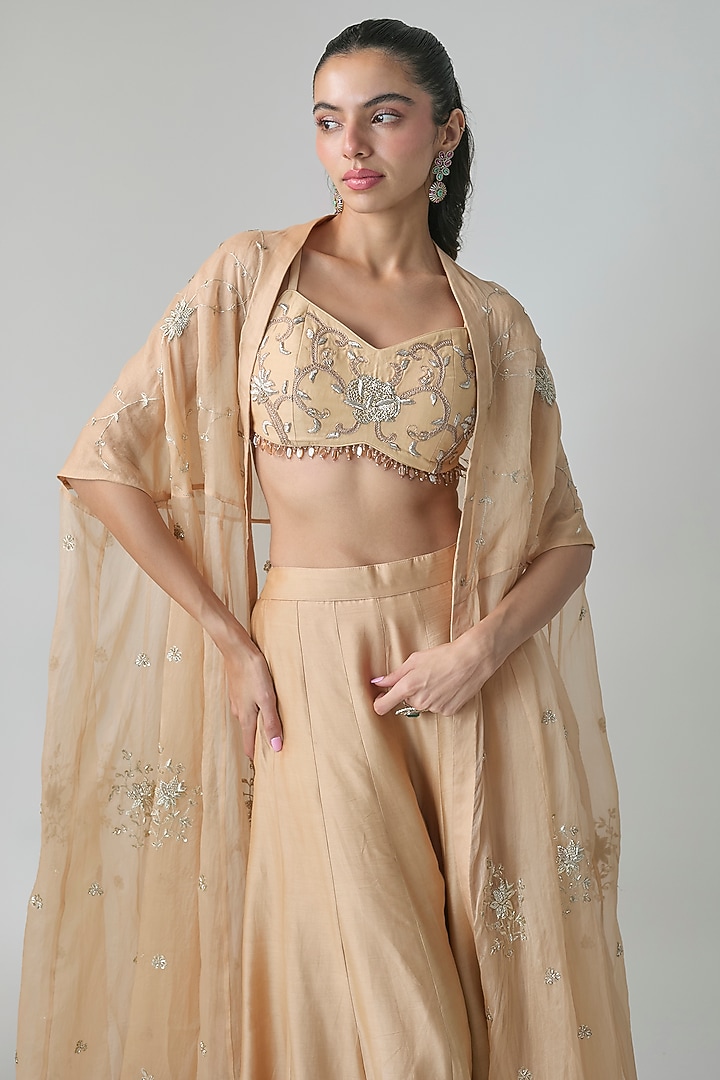 Peach Pure Organza Hand Embroidered Cape Set by Paulmi & Harsh at Pernia's Pop Up Shop