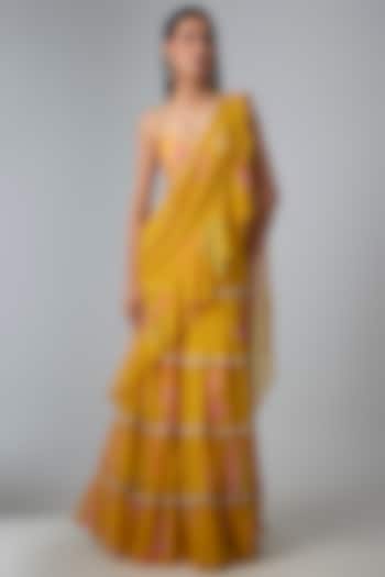 Yellow Chiffon Printed & Embroidered Pre-Stitched Wedding Saree Set by Paulmi & Harsh at Pernia's Pop Up Shop