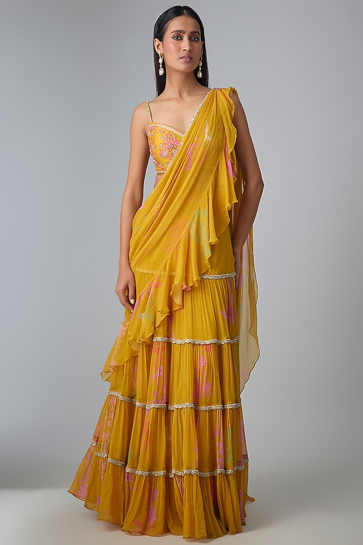 Yellow Chiffon Printed & Embroidered Pre-Stitched Wedding Saree Set by Paulmi & Harsh at Pernia's Pop Up Shop
