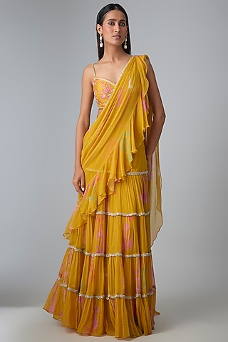 Yellow Chiffon Printed & Embroidered Pre-Stitched Saree Set by Paulmi & Harsh