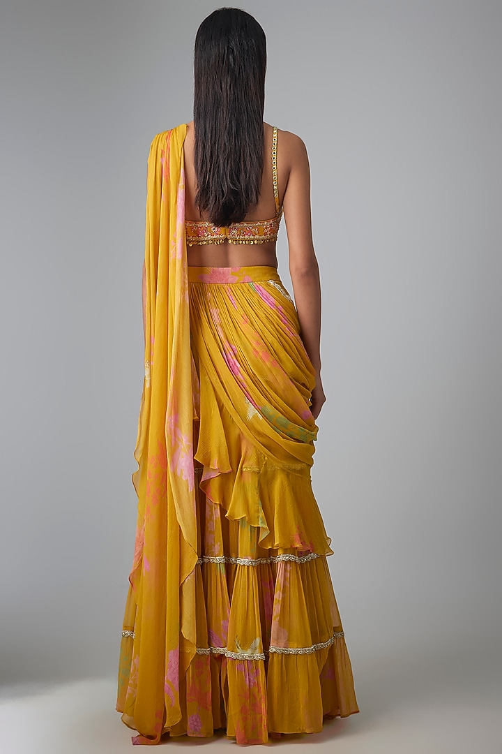 Yellow Chiffon Printed & Embroidered Pre-Stitched Wedding Saree Set by Paulmi & Harsh at Pernia's Pop Up Shop