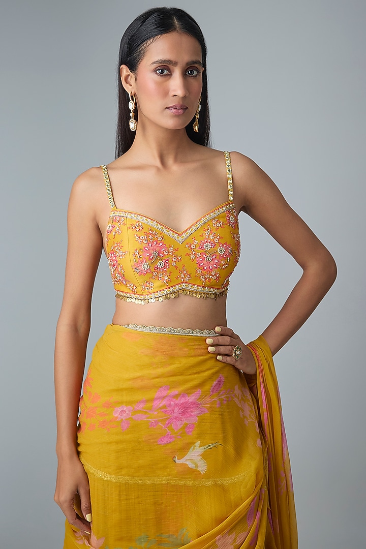 Yellow Chiffon Printed & Embroidered Pre-Stitched Wedding Saree Set by Paulmi & Harsh at Pernia's Pop Up Shop