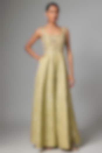 Sea Green Jacquard Hand Embroidered Jumpsuit by Paulmi & Harsh at Pernia's Pop Up Shop