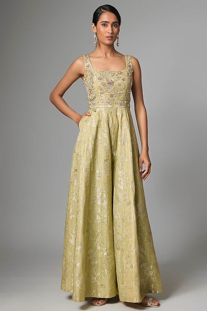 Sea Green Jacquard Hand Embroidered Jumpsuit by Paulmi & Harsh at Pernia's Pop Up Shop