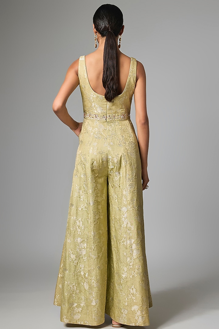 Sea Green Jacquard Hand Embroidered Jumpsuit by Paulmi & Harsh at Pernia's Pop Up Shop