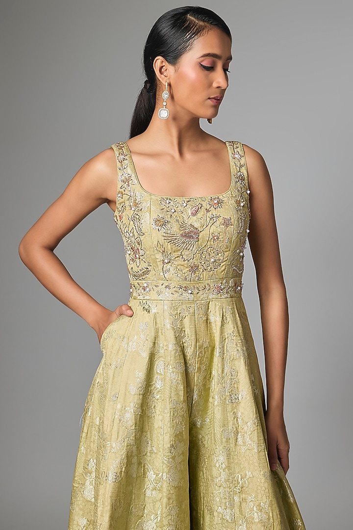 Sea Green Jacquard Hand Embroidered Jumpsuit by Paulmi & Harsh at Pernia's Pop Up Shop