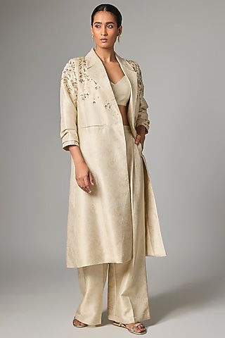 Ivory Jacquard Hand Embroidered Jacket Set by Paulmi & Harsh