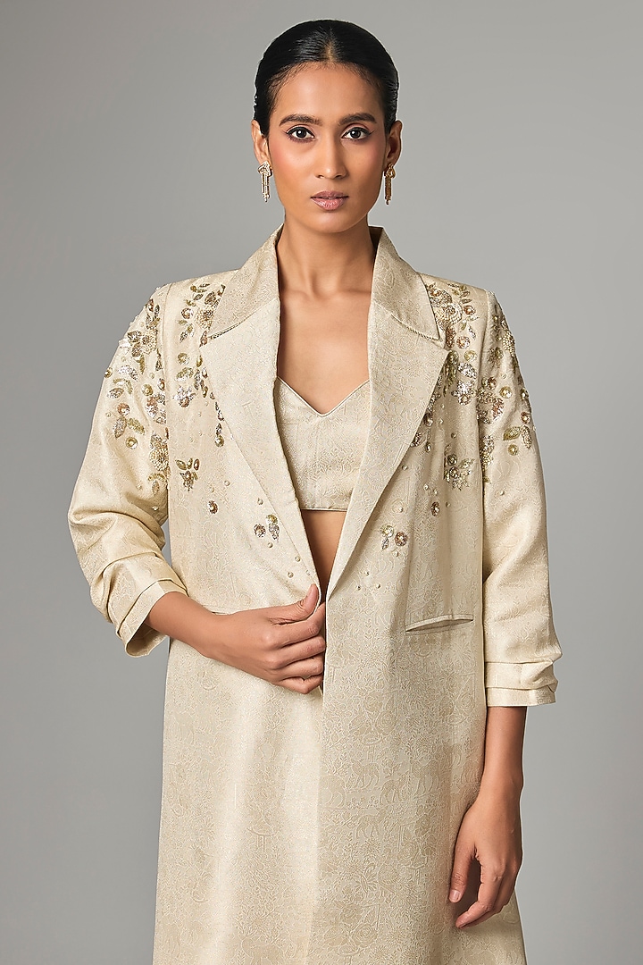 Ivory Jacquard Hand Embroidered Jacket Set by Paulmi & Harsh at Pernia's Pop Up Shop