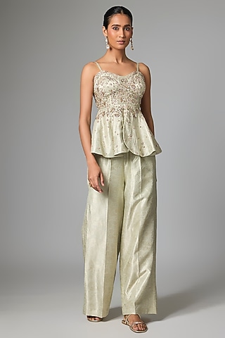 Light Blue Rich Jacquard Hand Embroidered Pant Set by Paulmi & Harsh