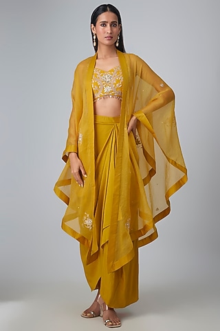 Yellow Modal Silk Draped Skirt Set by Paulmi & Harsh