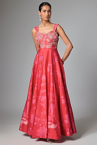 Pink Silk Hand Embroidered & Printed Corset Anarkali by Paulmi & Harsh